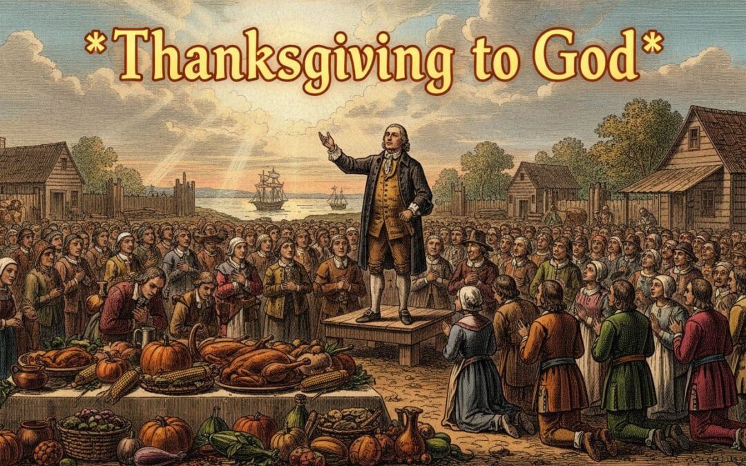 Governor William Bradford calls the colony to gather and give thanks to God on November 29, 1623, for saving their crops and lives, with bold standout text 'Thanksgiving to God'.