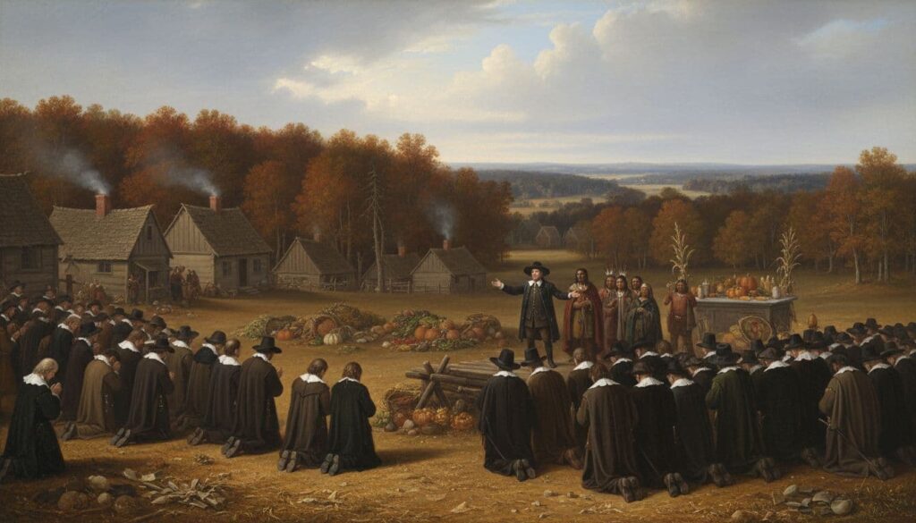 On November 29, 1623, Governor William Bradford calls the Plymouth Colony to gather, worship, and give thanks to God for saving their crops and lives.