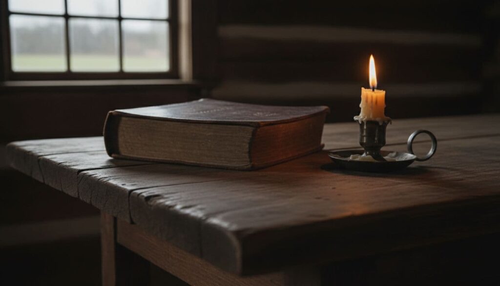 A simple wooden table from the time of the Pilgrims, featuring a worn open English Bible and a candle burning low.