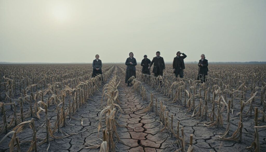 Dry skies over gray fields with curled corn leaves and cracked ground evoke fear of starvation among Pilgrims.