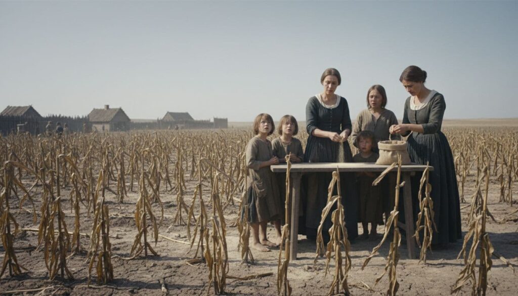 Plymouth Colony Pilgrims confront stiff, dry corn stalks and powdery soil during a harsh drought. Mothers ration the last handfuls of meal as children gaze at the sky, pleading for rain.