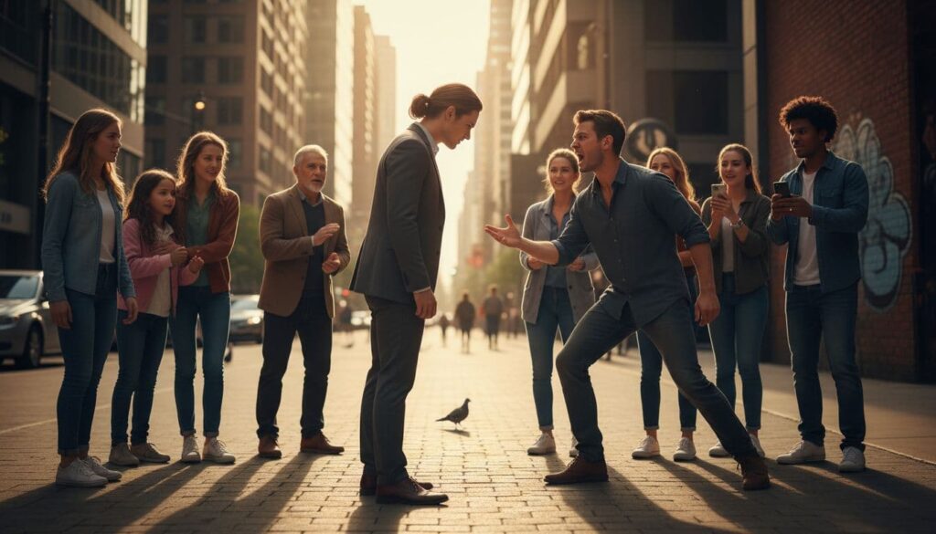 A modern city sidewalk scene where a person stands tall and turns the other cheek toward an aggressor while bystanders look on,