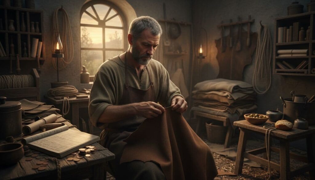 Paul is depicted with calluses from his tentmaking trade, handling invoices, materials, and deadlines while working late to prove he preaches without seeking pay.