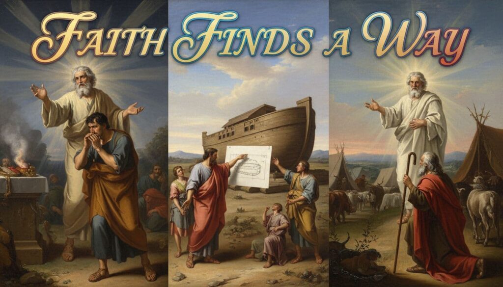 Biblical illustrations depicting God warning Cain before he sins, instructing Noah to build the ark before the flood, and calling Abraham before his journey, overlaid with bold, colorful title text 'Faith Finds A Way'.