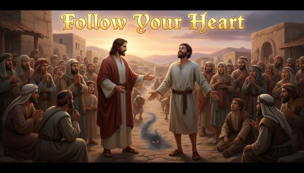 Jesus has just exorcised a demon from a blind and mute man, leaving the crowd amazed and speculating if He is the Son of David. Bold title text reads 'Follow Your Heart'.