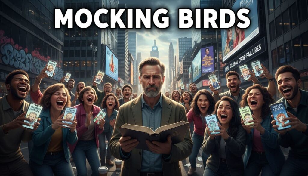Diverse group of modern scoffers in a city street laughing mockingly at a Bible held by a believer, smartphones displaying end times memes, urban background with billboards.
