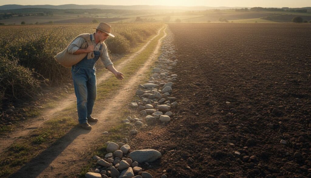 A farmer carries a bag of seeds on his shoulder, walking the edge of a field and repeatedly tossing seeds that land on a hard footpath, rocky patches, thorny growth, and soft soil.