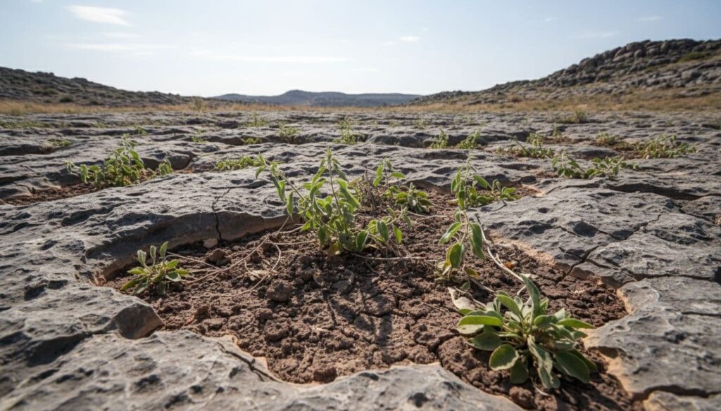 Rocky ground with shallow soil on stone where seed sprouts quickly due to warm soil but roots cannot penetrate deeply, causing the plant to collapse in the heat.