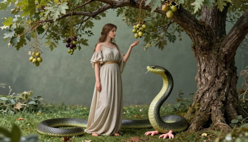 In the lush Garden of Eden, Eve stands beside the Tree of Knowledge, gazing at the forbidden fruits while a single serpent with feet speaks temptingly to her.