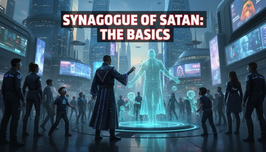 In a futuristic town, a preacher appears as a hologram, engaging with onlookers as if present, overlaid with bold text 'Synagogue of Satan: the basics'.