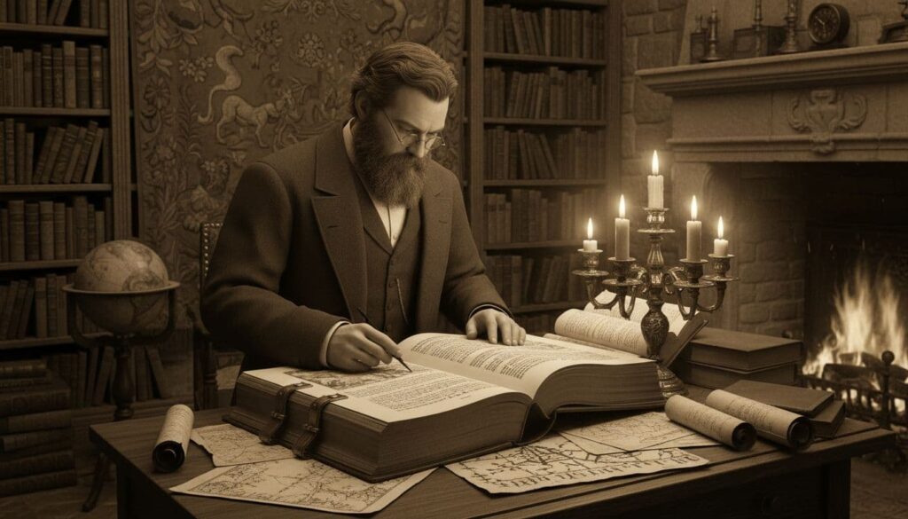 A dedicated 19th-century Bible scholar intently studies ancient prophecies in a dimly lit room illuminated solely by a flickering candle. His focused demeanor reflects the scholarly devotion of the era.