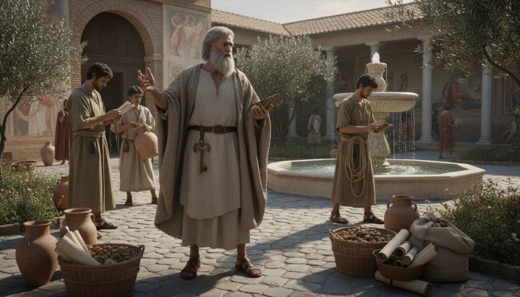 A detailed image depicting an ancient household steward overseeing and allocating resources in a historic courtyard setting.