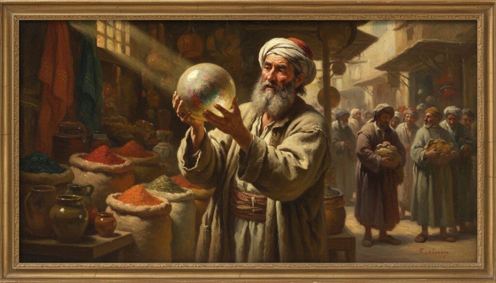 An ancient Middle Eastern merchant in simple robes stands at a bustling market stall, holding up a large shining pearl to the light with awe and decision on his face. The background features market crowds and trade goods like spices and fabrics in warm earthy tones, rendered in Rembrandt-inspired oil painting style with dramatic lighting.