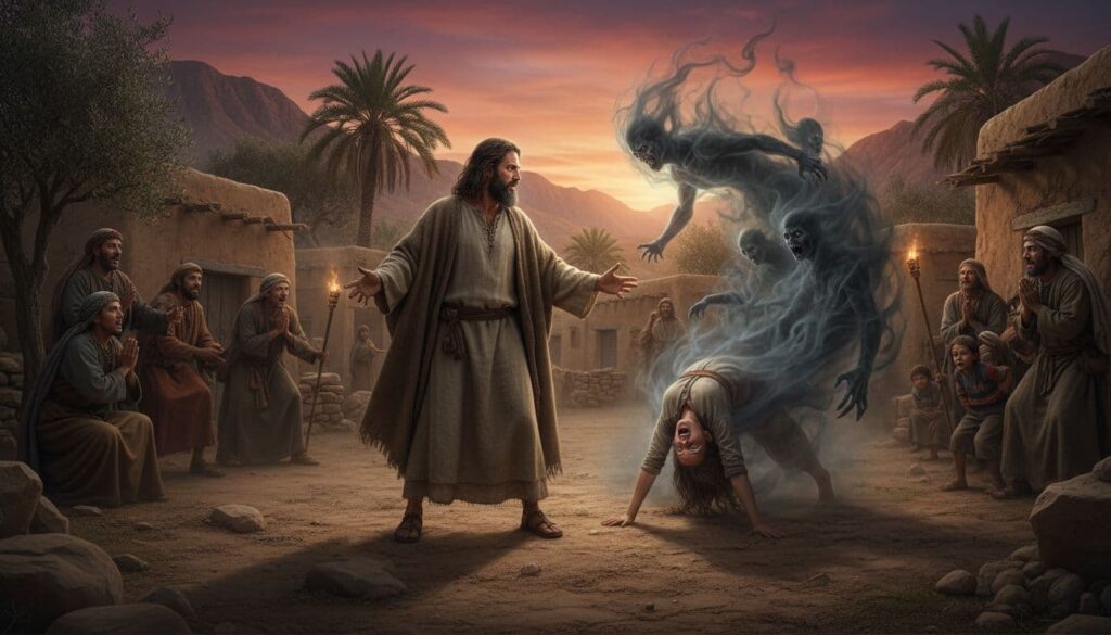 A dramatic exorcism scene in a biblical village, featuring a follower of Jesus confronting dark spiritual oppression.