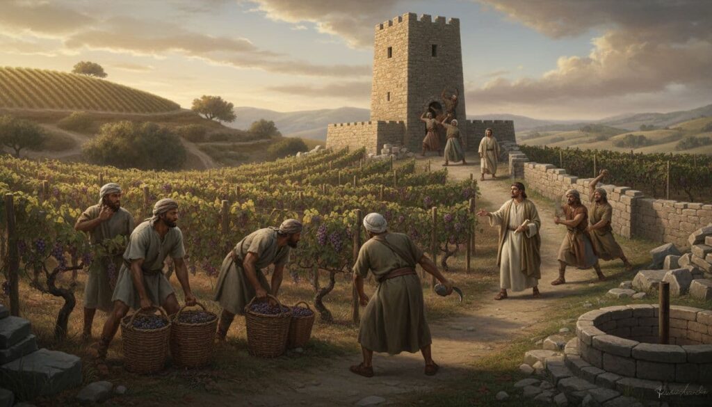 A detailed depiction of a first-century vineyard scene that reflects Jesus' parable of the tenants, featuring workers tending vines and the landowner overseeing the harvest.