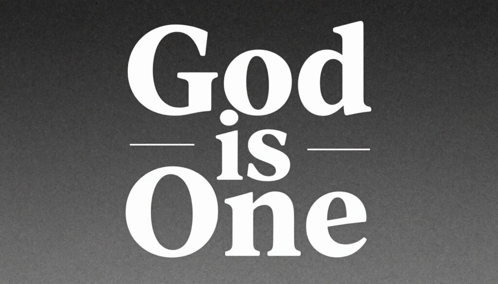 Yahweh is the mighty God who shakes nations yet humbly comes to us in Jesus, dies for us, and lives within His people through the Holy Spirit. Features title text 'God is One'.