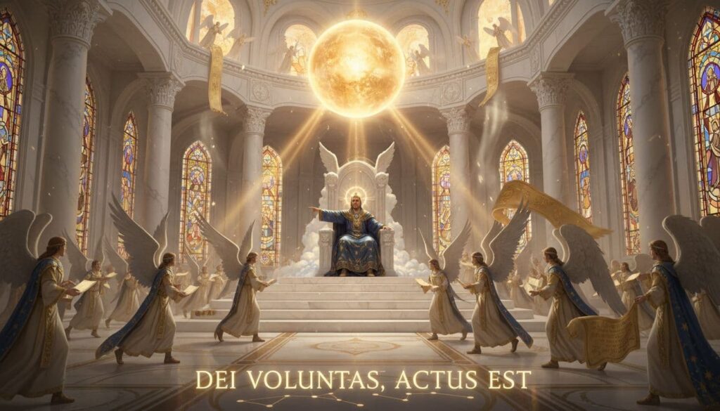 A majestic throne room where the king speaks and servants move swiftly to execute commands. Angels dwell in a realm where God's will is an immediate, binding order carried out without question.