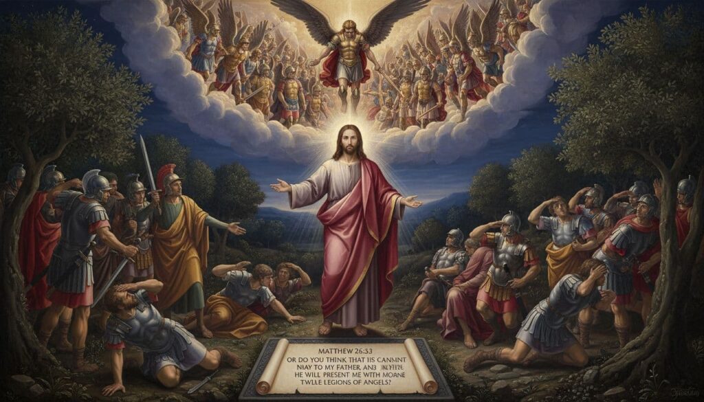 During his arrest in Matthew 26:53, Jesus declares he could call on the Father for more than twelve legions of angels, showcasing his divine authority.