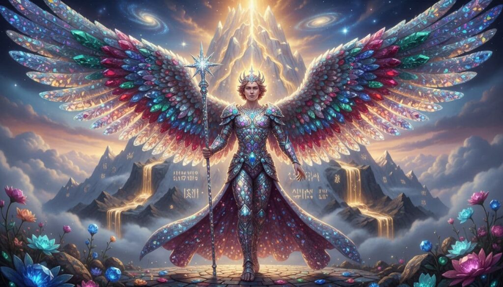 A striking image of Lucifer depicted as a jeweled cherub positioned near a majestic holy mountain.