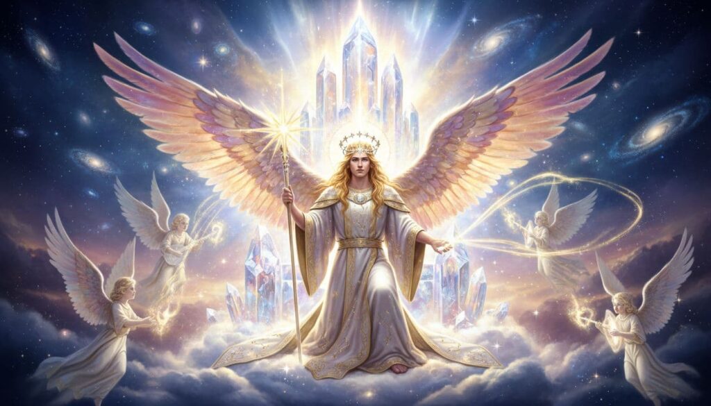 A majestic image depicting Lucifer in his role as the morning star, positioned near God's heavenly throne.