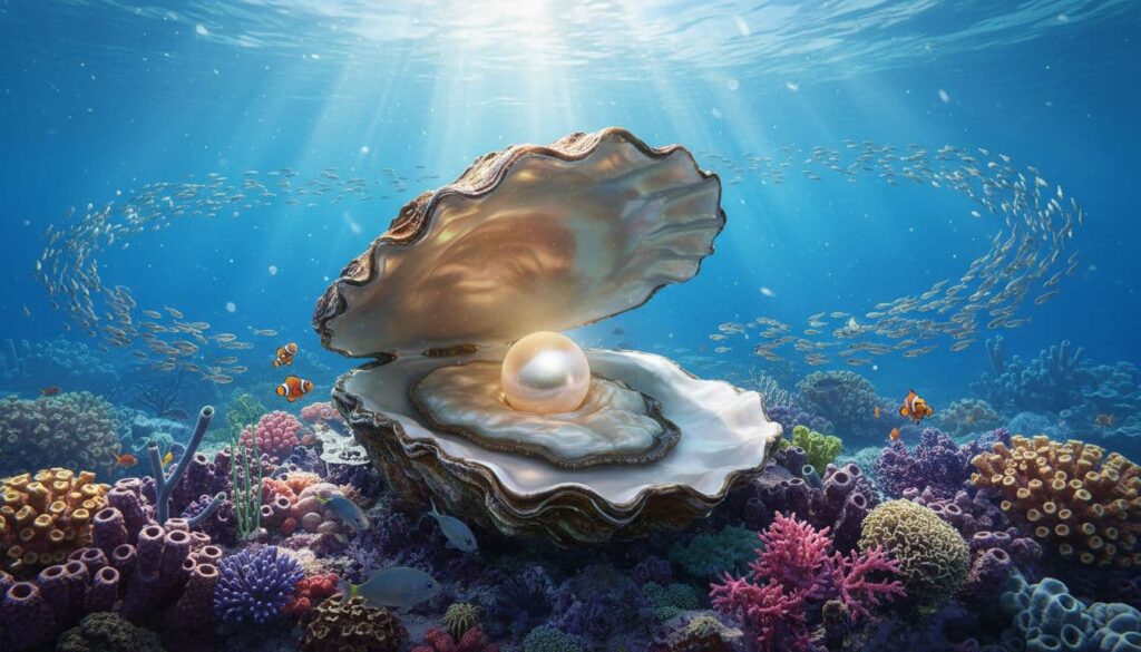 A majestic pearl oyster opens underwater in a sunlit coral reef, revealing a large luminous pearl inside, with light rays filtering through clear blue water and schools of small fish nearby.