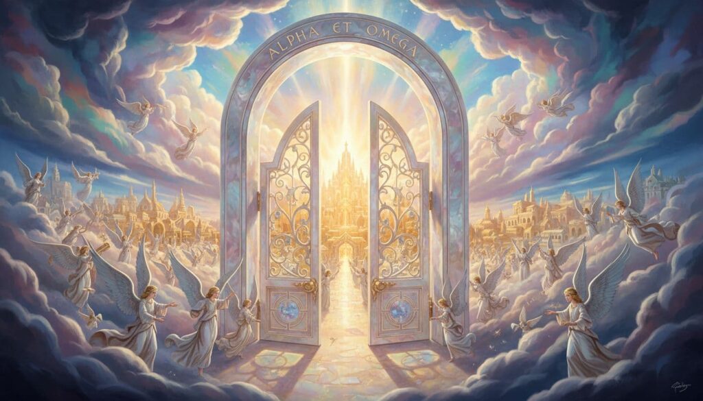Massive pearl gates of a heavenly city descend from clouds, radiating multicolored light with golden streets and angels visible in an ethereal, biblical fantasy style.