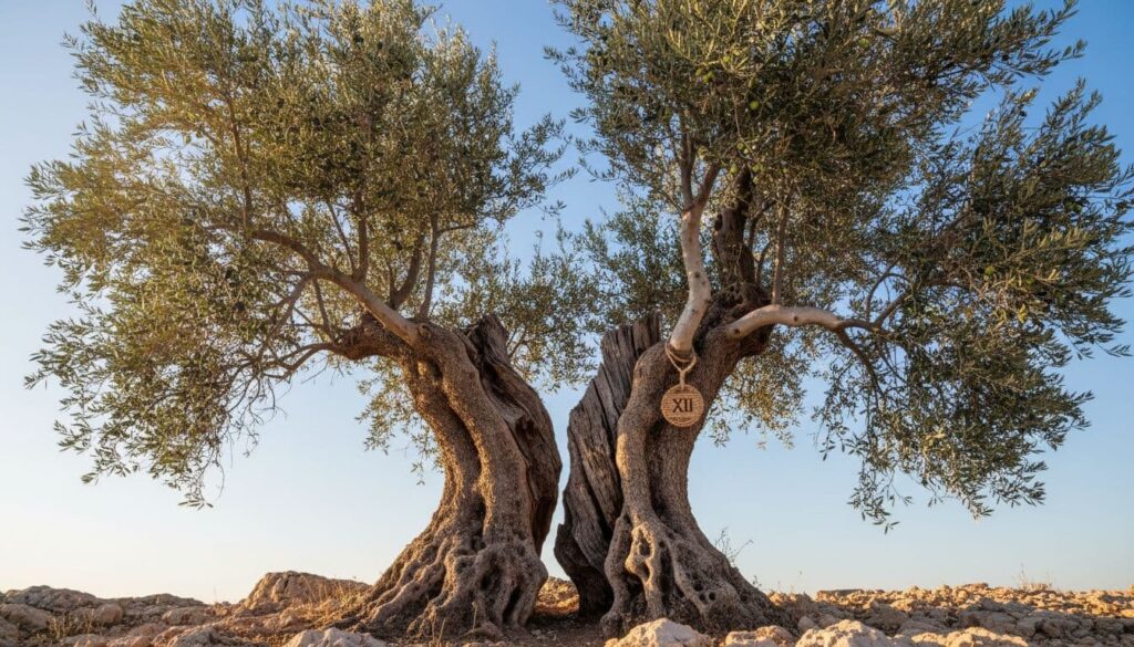 A symbolic depiction of an olive tree featuring grafted branches, representing the biblical concept from Romans 11 about grafting wild olive shoots onto a cultivated tree.