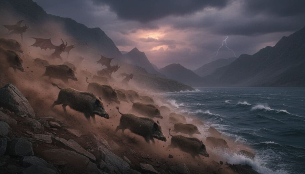 A herd of wild pigs rushes down a steep rocky cliff toward a stormy lake in first-century Galilee, surrounded by dust, chaos, dark clouds, and subtle demonic shadows in the mist, depicting a turbulent biblical scene of destruction.